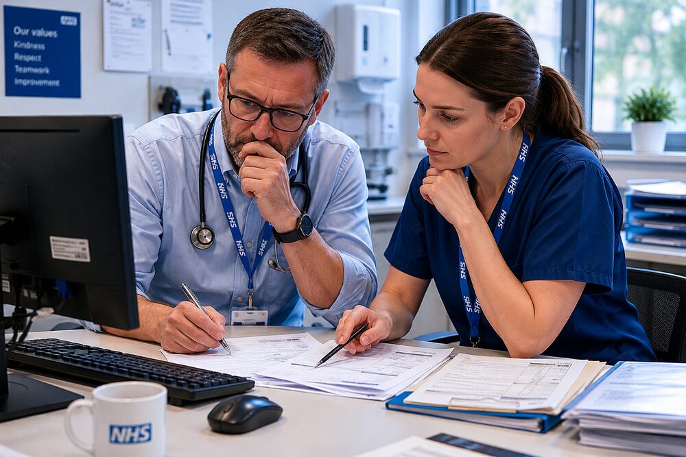 Two NHS clinicians reviewing paperwork together at a practice desk